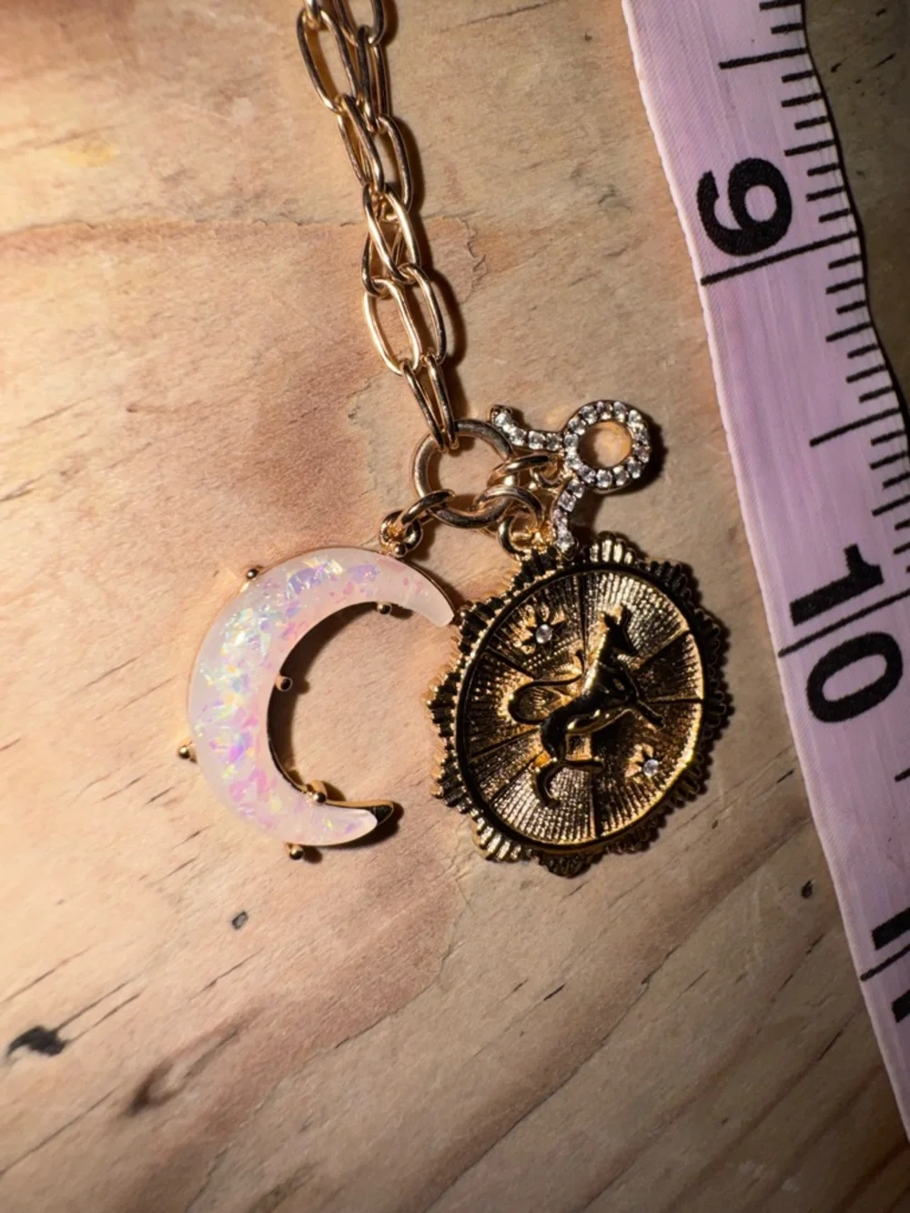 Gold Taurus Medallion Necklace with Opalescent Moon Charm - Picture 3 of 5